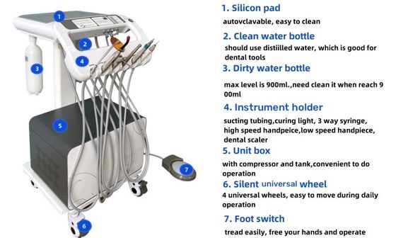 दंत चिकित्सा कार्ट यूनिट मोबाइल उपचार सेट दंत शल्य चिकित्सा के लिए कम शोर दंत मोबाइल टरबाइन 550W दंत मूवेबल ट्रॉली