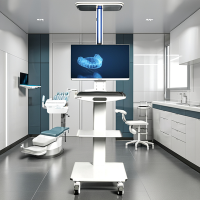 सफेद रंग का दंत मुख स्कैनर मोबाइल कार्ट मॉनिटर धारक के साथ धातु दंत उपकरण कार्ट पोर्टेबल दंत ट्रॉली