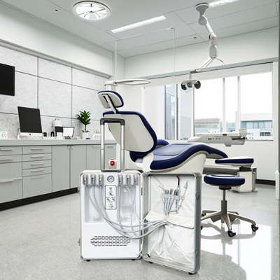 सूटकेस डिज़ाइन पोर्टेबल डेंटल यूनिट हैंड हेल्ड मोबाइल डेंटल ट्रीटमेंट यूनिट जिसमें बिल्ट इन कंप्रेसर, क्योरिंग लाइट और स्केलर शामिल हैं